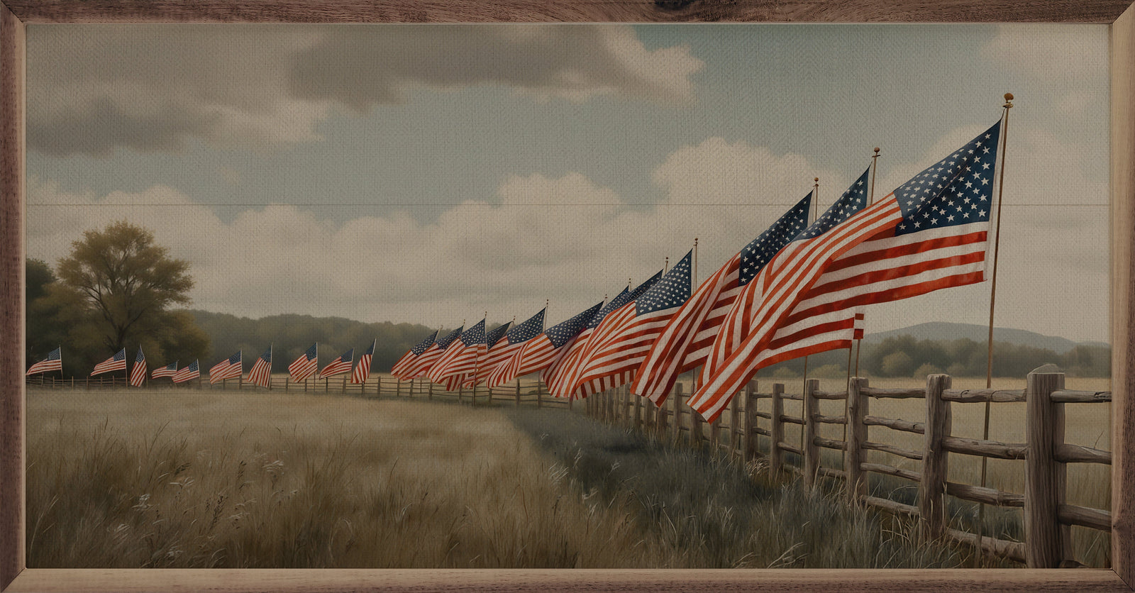 Kendrick Home Walnut Frames Sizes Flags In Field Fence Printed and Framed Wall Sign