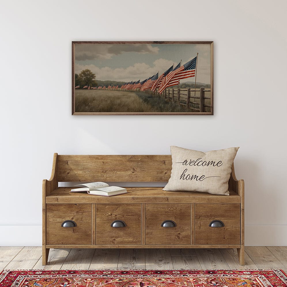 Kendrick Home Walnut Frames Flags In Field Fence Printed and Framed Wall Sign