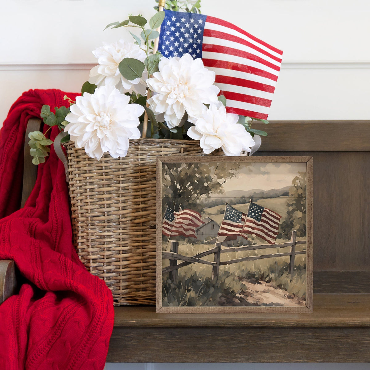 Kendrick Home Walnut Frames Flags On Wooden Fence Printed and Framed Wall Sign