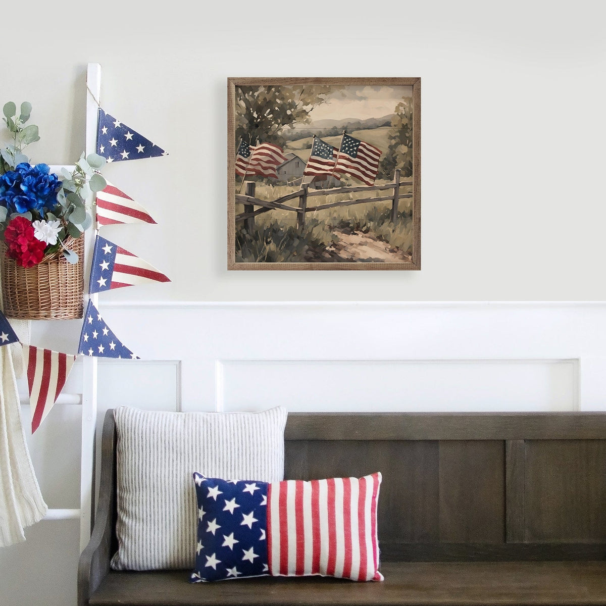 Kendrick Home Walnut Frames Flags On Wooden Fence Printed and Framed Wall Sign
