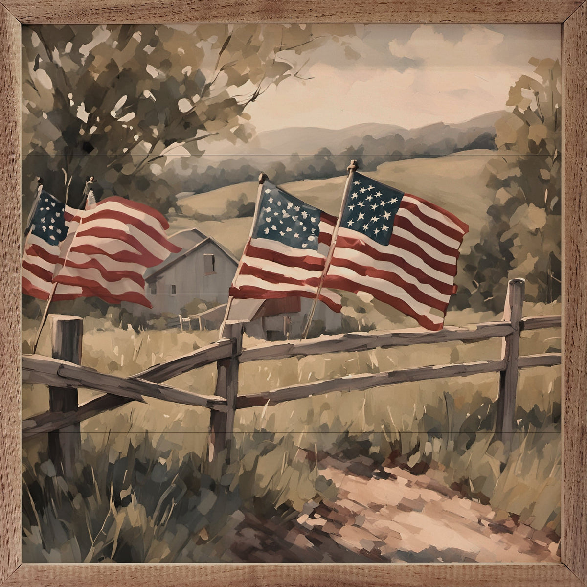 Kendrick Home Walnut Frames Sizes Flags On Wooden Fence Printed and Framed Wall Sign