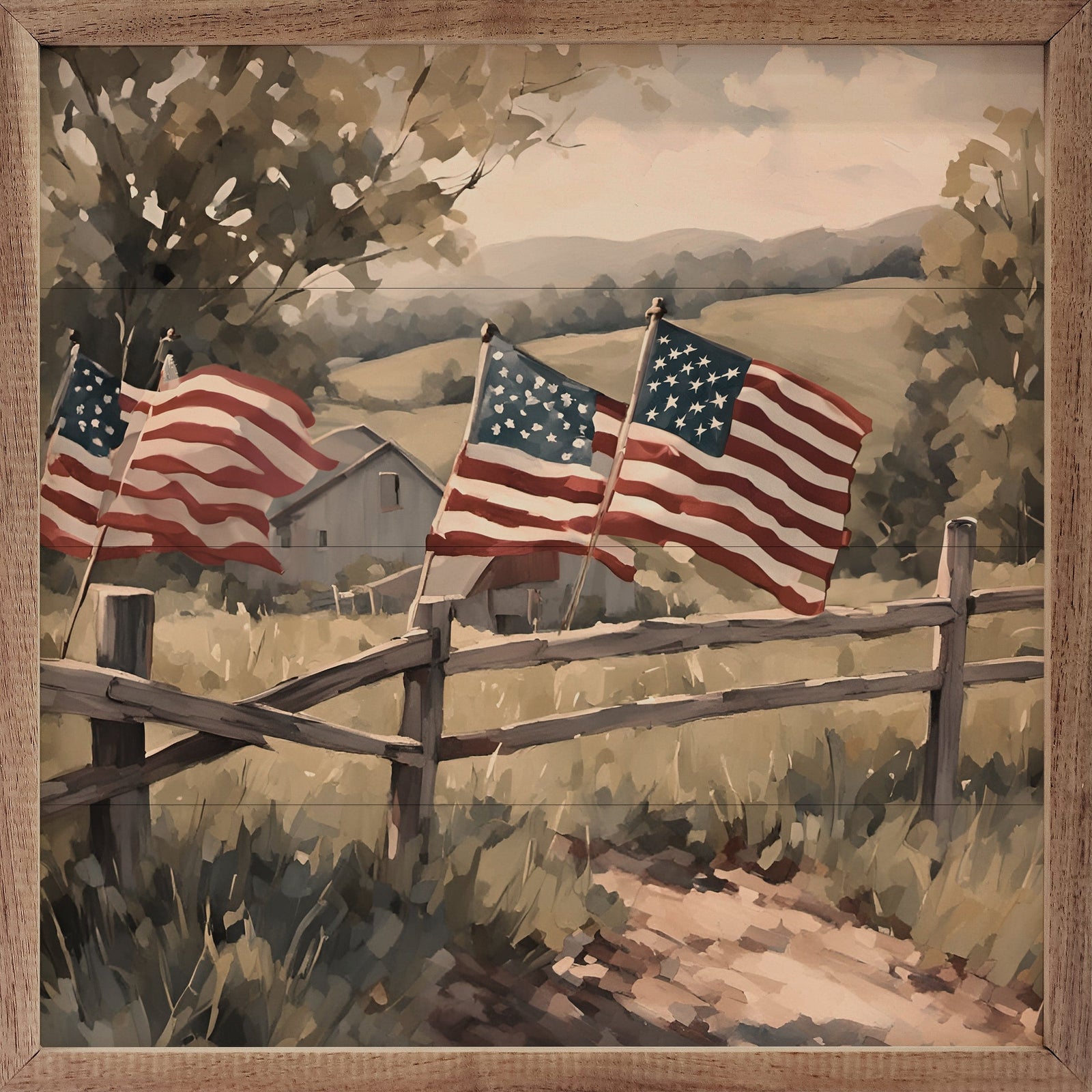 Kendrick Home Walnut Frames Sizes Flags On Wooden Fence Printed and Framed Wall Sign