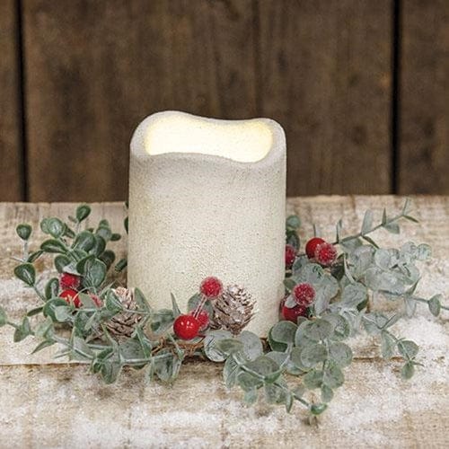 Flocked Eucalyptus &amp; Red Sugar Berry Candle Ring / Wreath 3&quot; Inner Diameter