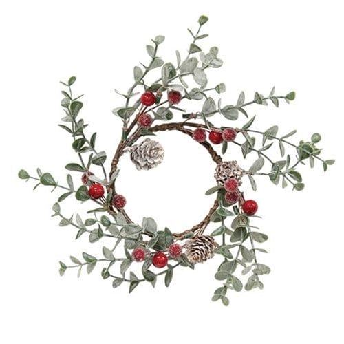 Flocked Eucalyptus &amp; Red Sugar Berry Candle Ring / Wreath 3&quot; Inner Diameter