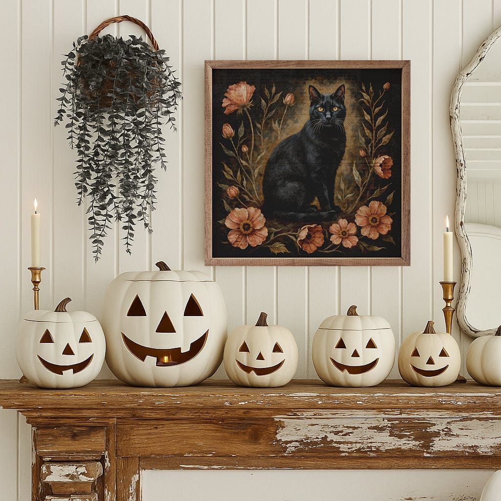 Kendrick Home Walnut Frames Floral Autumn Cat