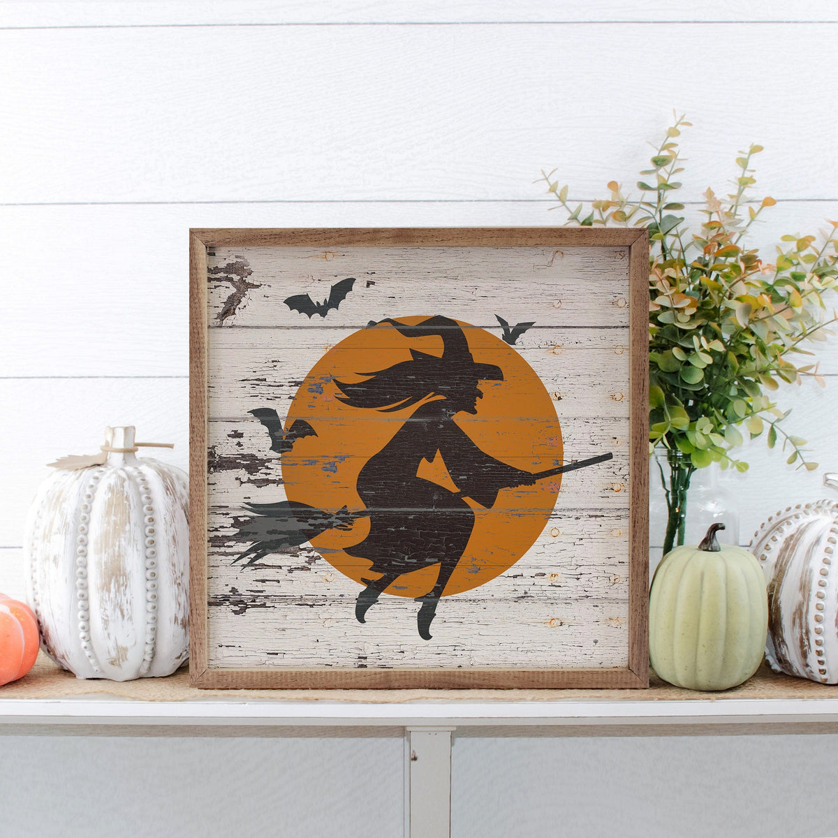 Kendrick Home Walnut Frames Flying Witch Whitewash Printed and Framed Wall Sign