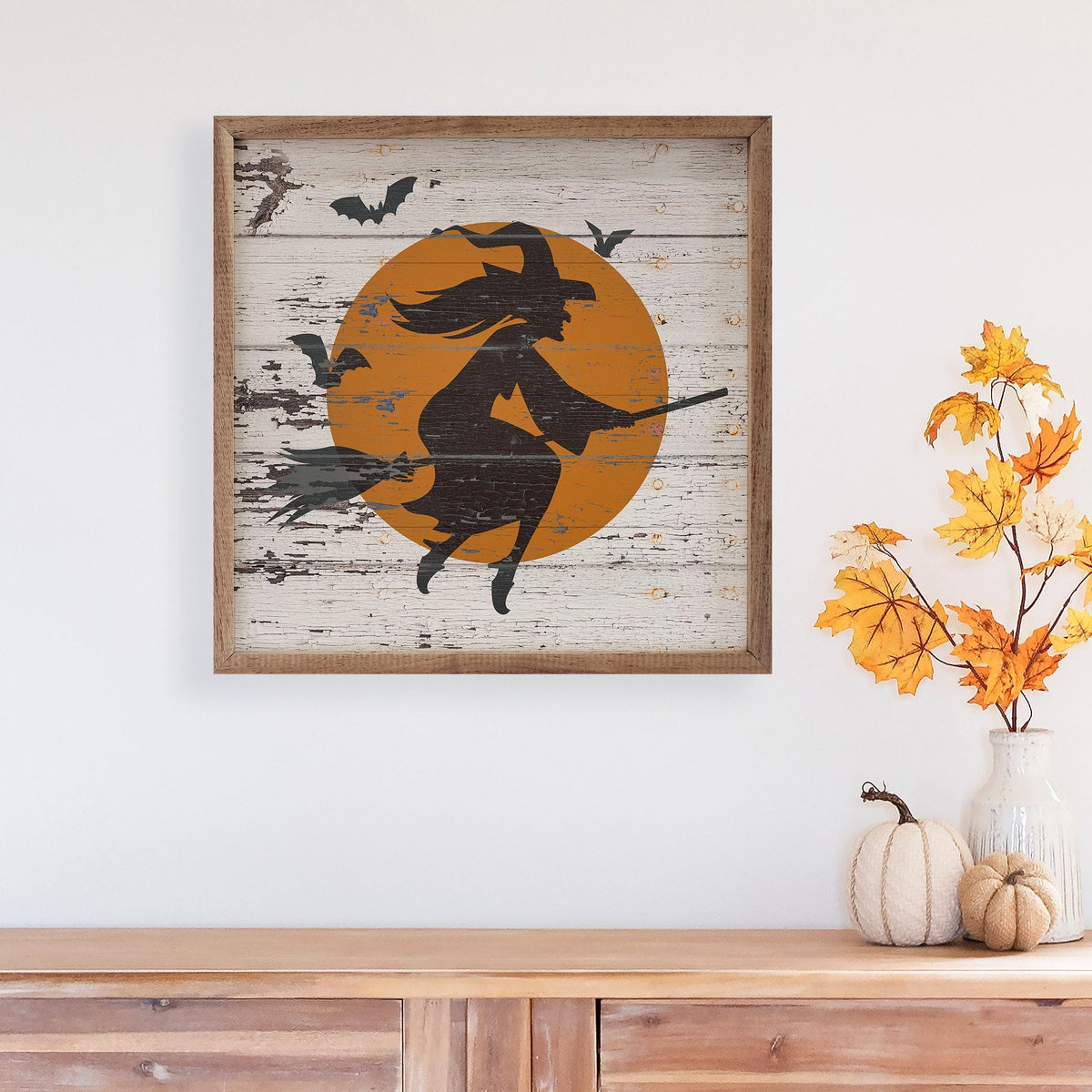 Kendrick Home Walnut Frames Flying Witch Whitewash Printed and Framed Wall Sign