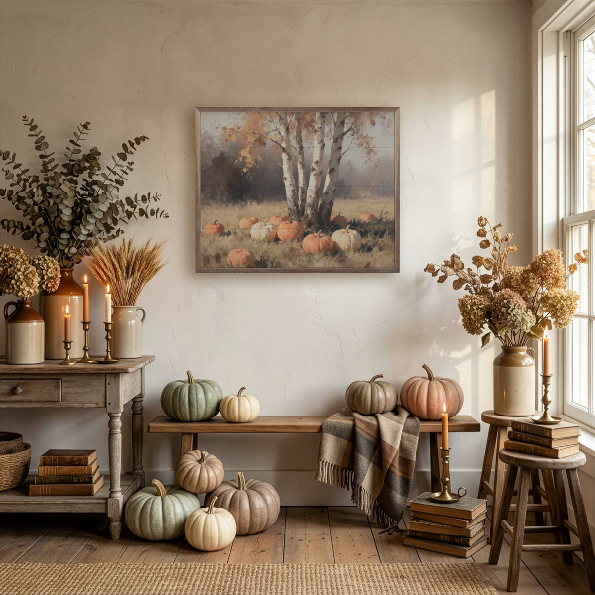 Kendrick Home Walnut Frames Four Birch Trees With Pumpkins Printed and Framed Wall Sign
