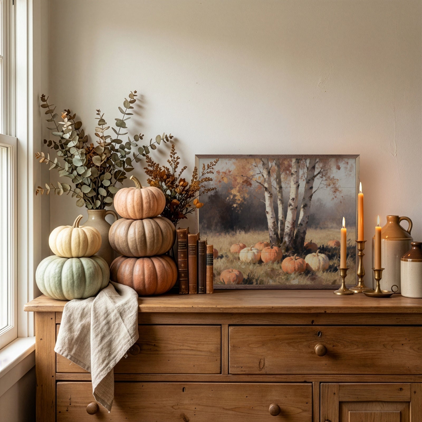 Kendrick Home Walnut Frames 10x8 Four Birch Trees With Pumpkins Printed and Framed Wall Sign