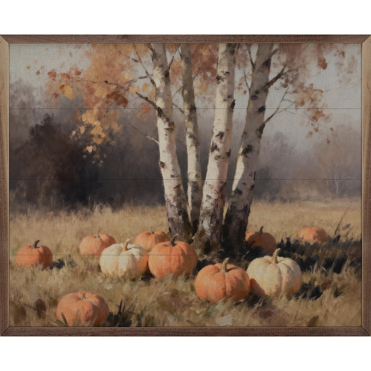 Kendrick Home Walnut Frames 10x8 Four Birch Trees With Pumpkins Printed and Framed Wall Sign