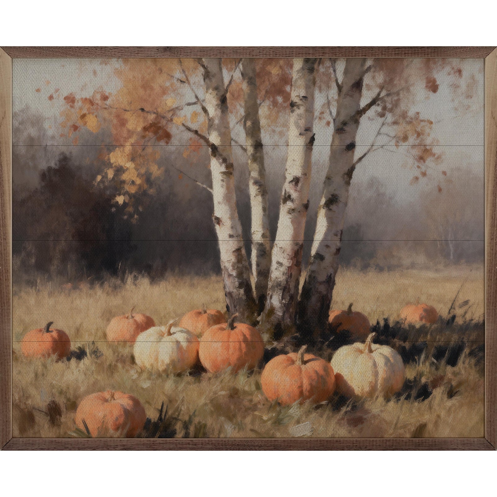 Kendrick Home Walnut Frames 10x8 Four Birch Trees With Pumpkins Printed and Framed Wall Sign