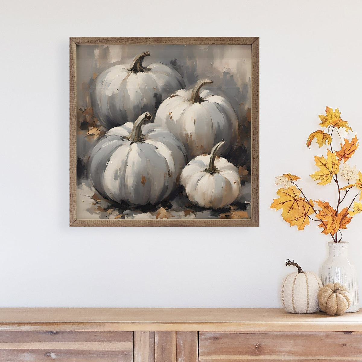 Kendrick Home Walnut Frames Four Blue Gray Tone Pumpkins Printed and Framed Wall Sign