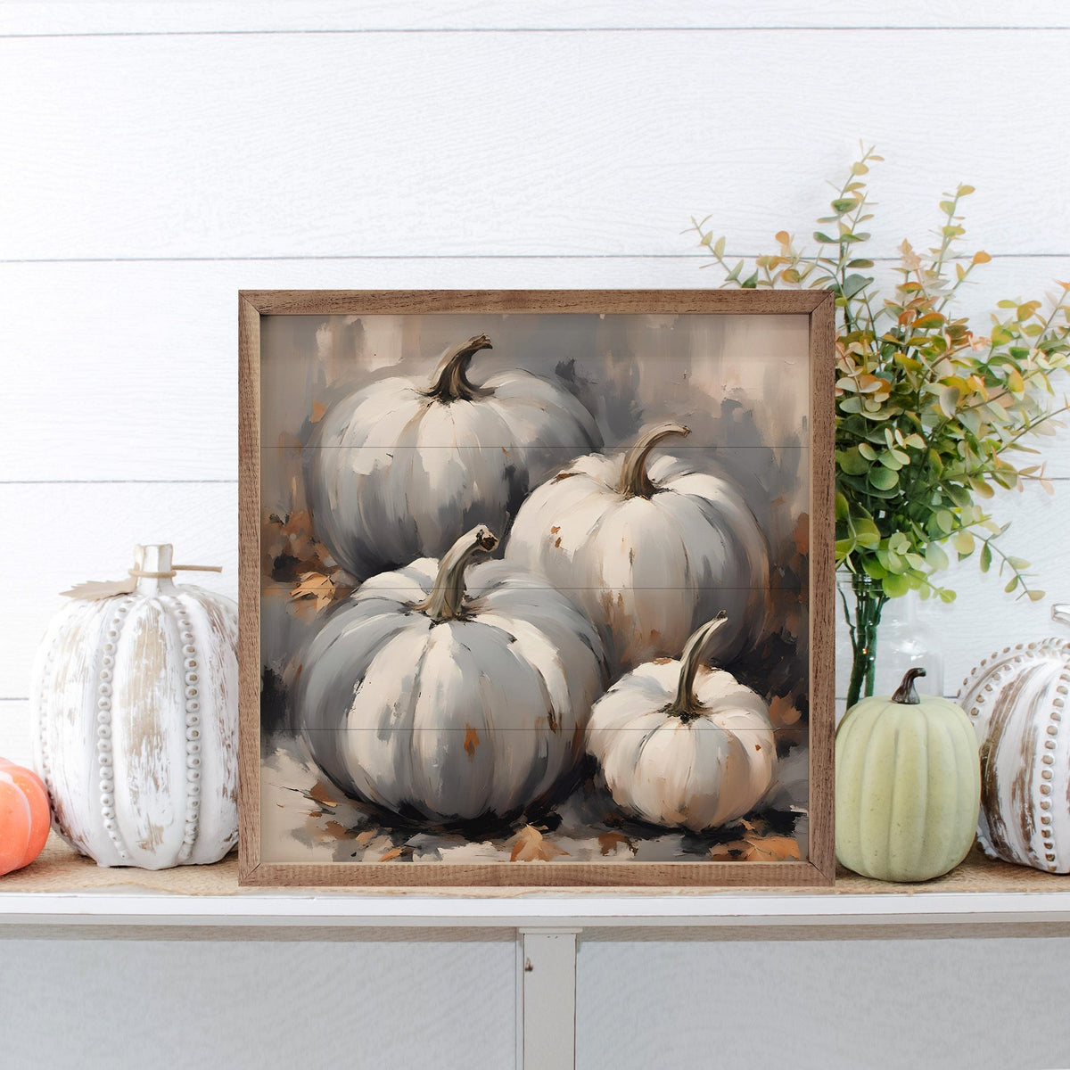 Kendrick Home Walnut Frames Four Blue Gray Tone Pumpkins Printed and Framed Wall Sign