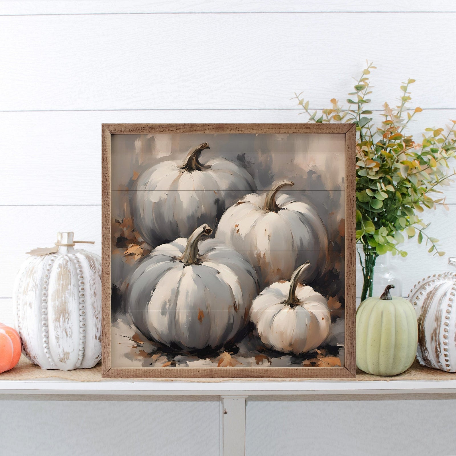 Kendrick Home Walnut Frames 4x4 Four Blue Gray Tone Pumpkins Printed and Framed Wall Sign