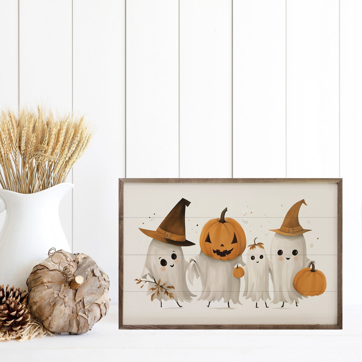 Kendrick Home Walnut Frames Four Ghost Friends White Printed and Framed Wall Sign