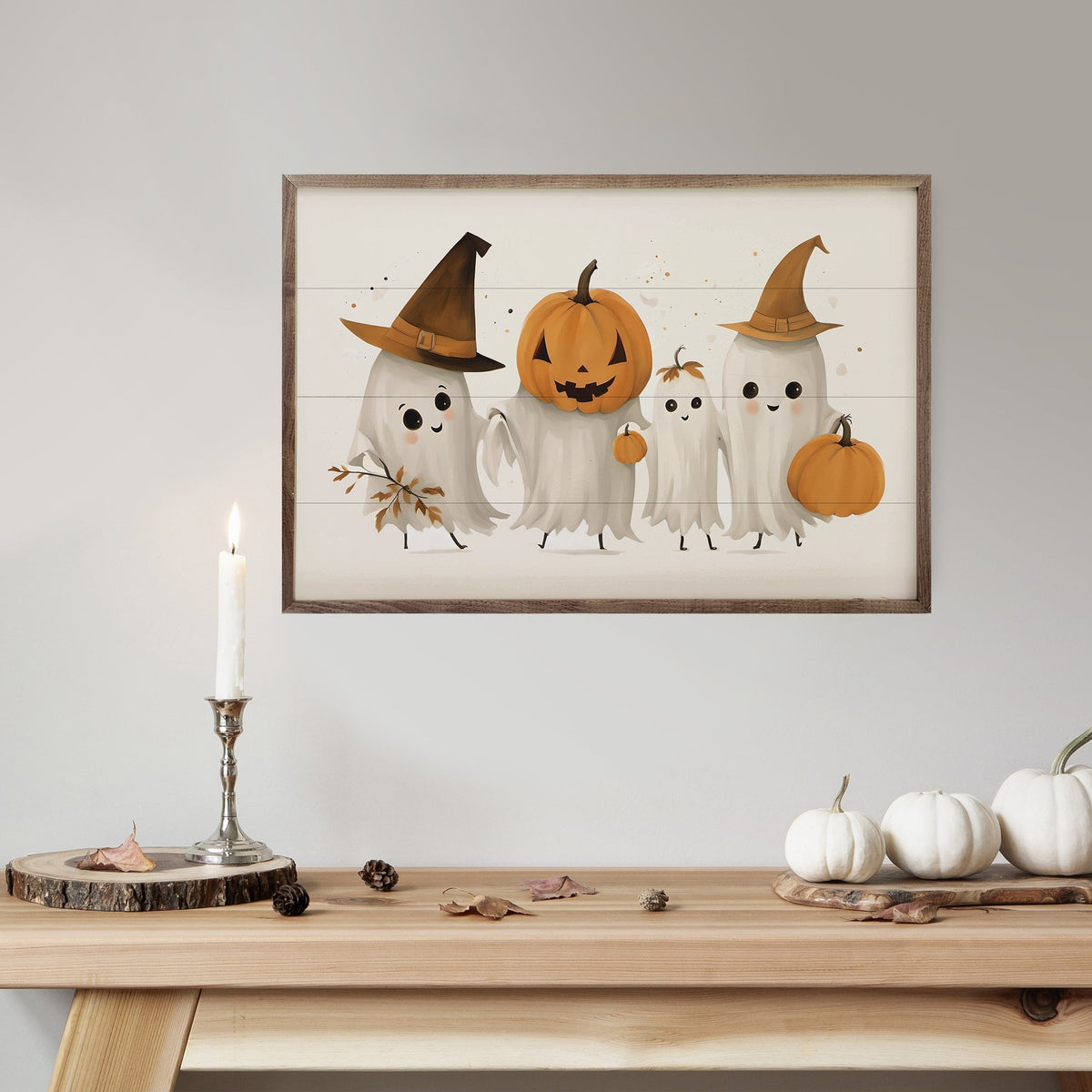 Kendrick Home Walnut Frames Four Ghost Friends White Printed and Framed Wall Sign
