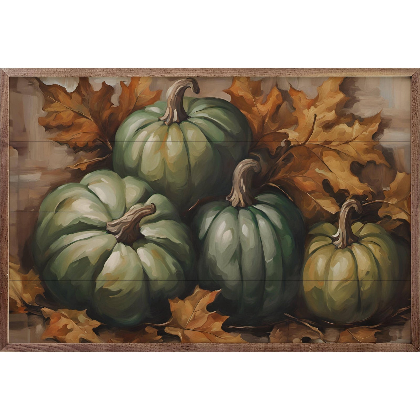 Kendrick Home Walnut Frames Four Green Pumpkins In Leaves Printed and Framed Wall Sign