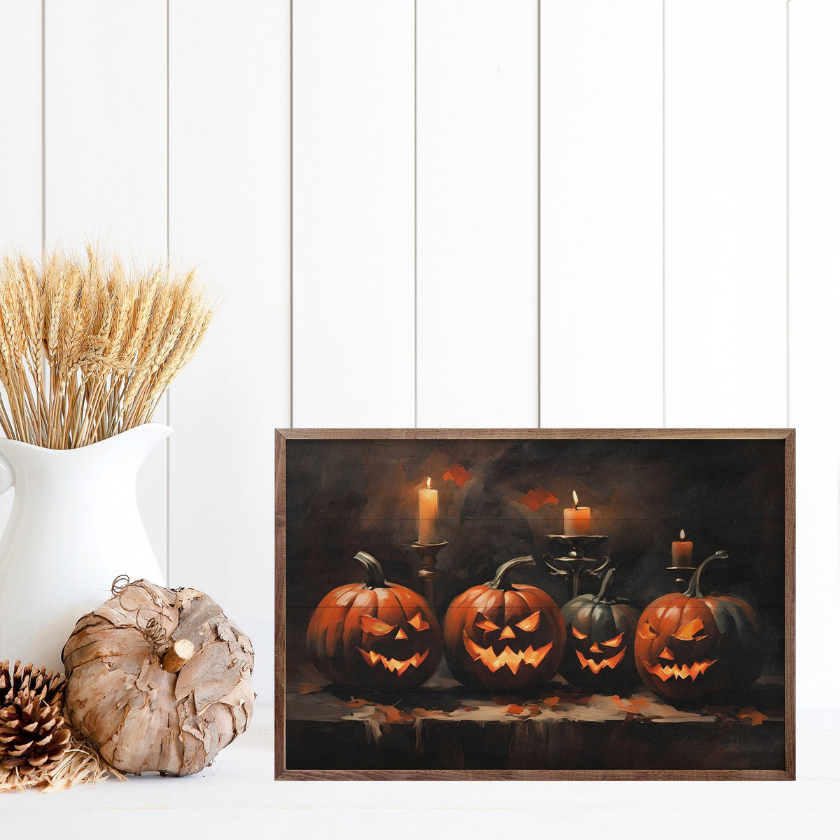 Kendrick Home Walnut Frames Four Halloween Jack O Lanterns Printed and Framed Wall Sign