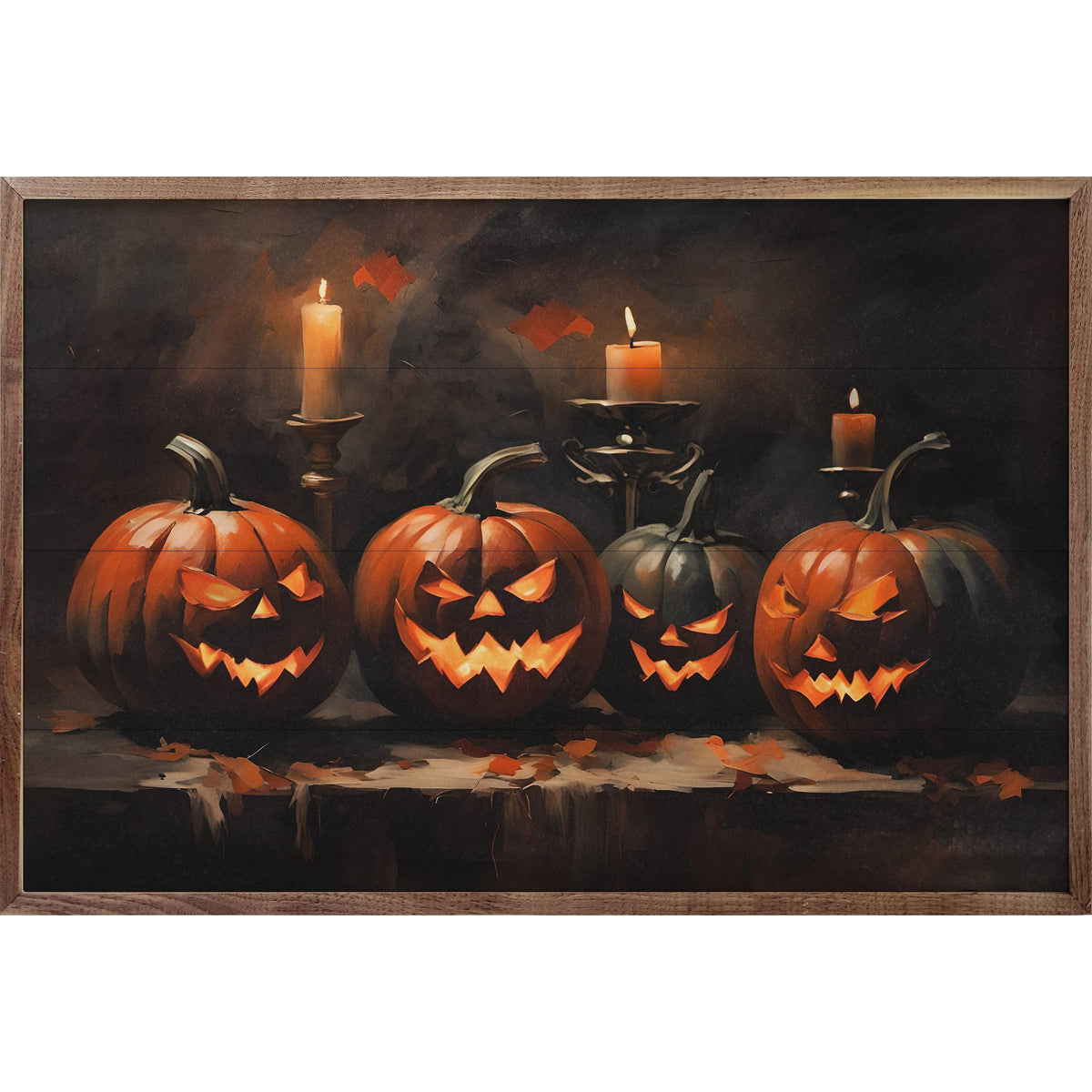 Kendrick Home Walnut Frames Four Halloween Jack O Lanterns Printed and Framed Wall Sign