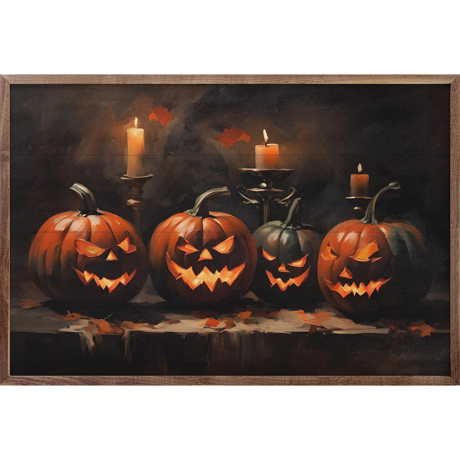 Kendrick Home Walnut Frames Four Halloween Jack O Lanterns Printed and Framed Wall Sign