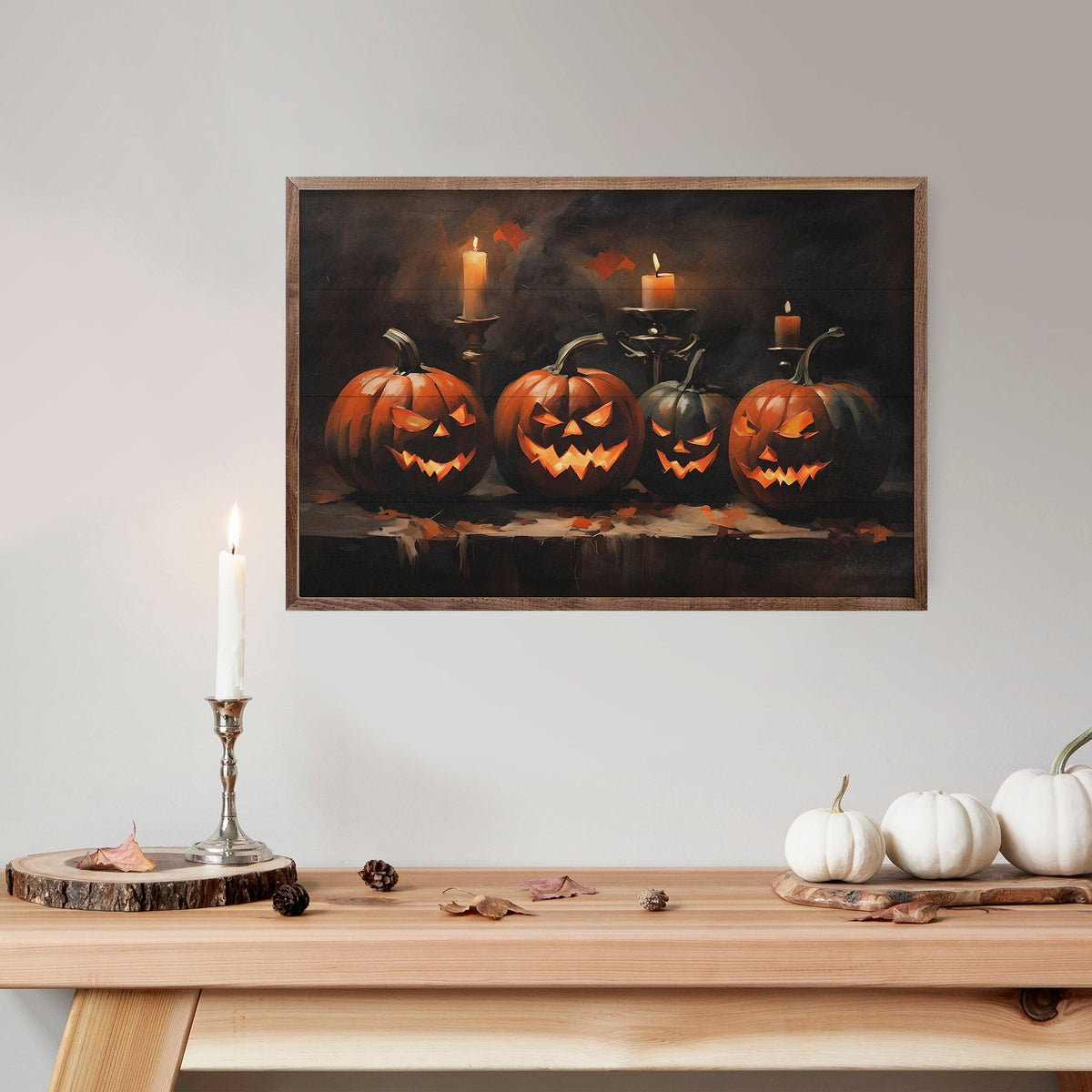 Kendrick Home Walnut Frames Four Halloween Jack O Lanterns Printed and Framed Wall Sign