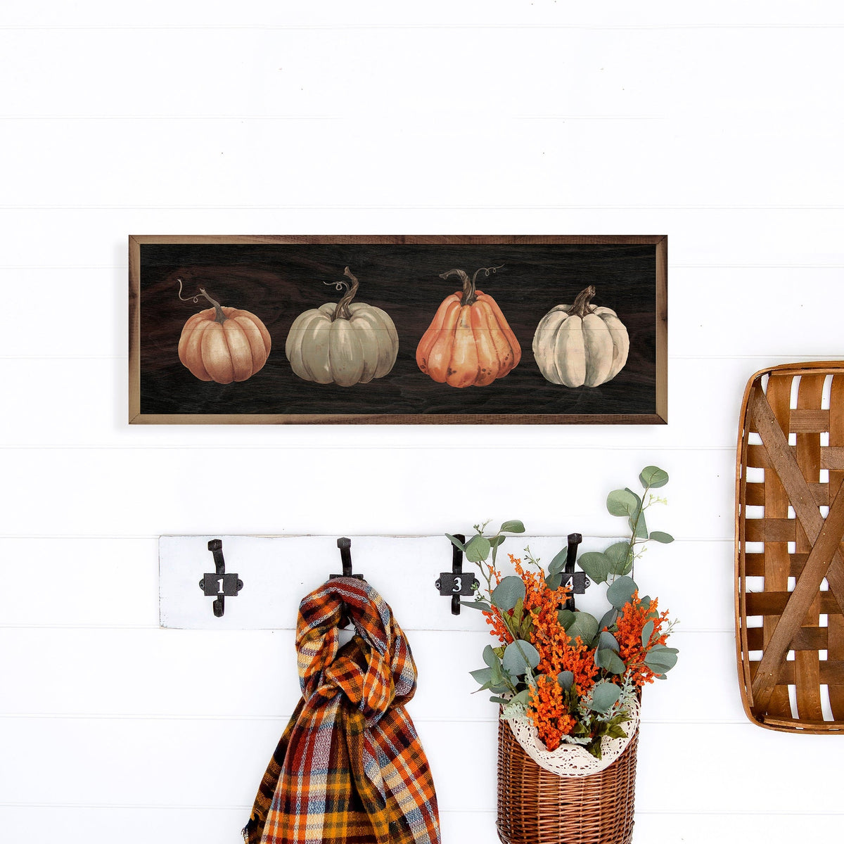 Kendrick Home Walnut Frames Four Pumpkins Black Printed and Framed Wall Sign