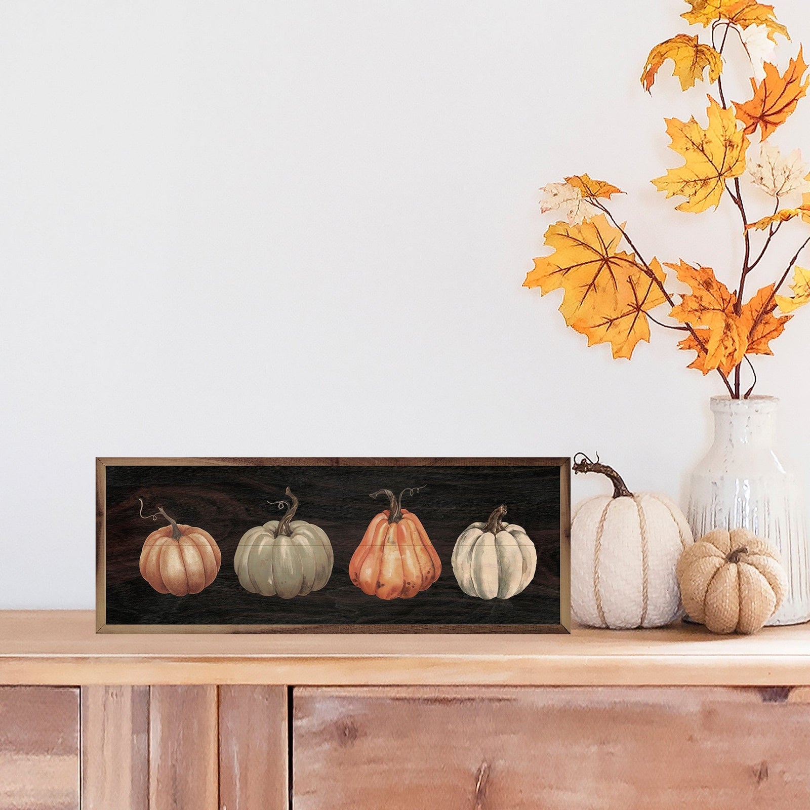 Kendrick Home Walnut Frames 12x4 Four Pumpkins Black Printed and Framed Wall Sign