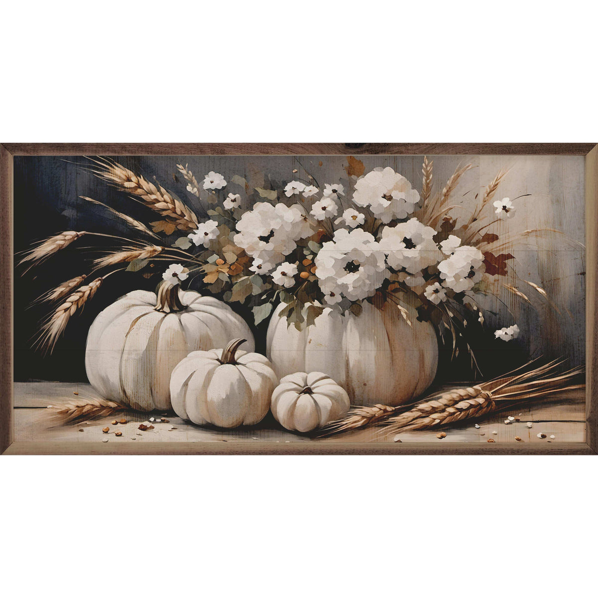 Kendrick Home Walnut Frames 16x8 Four White Pumpkin Bouquet Printed and Framed Wall Sign