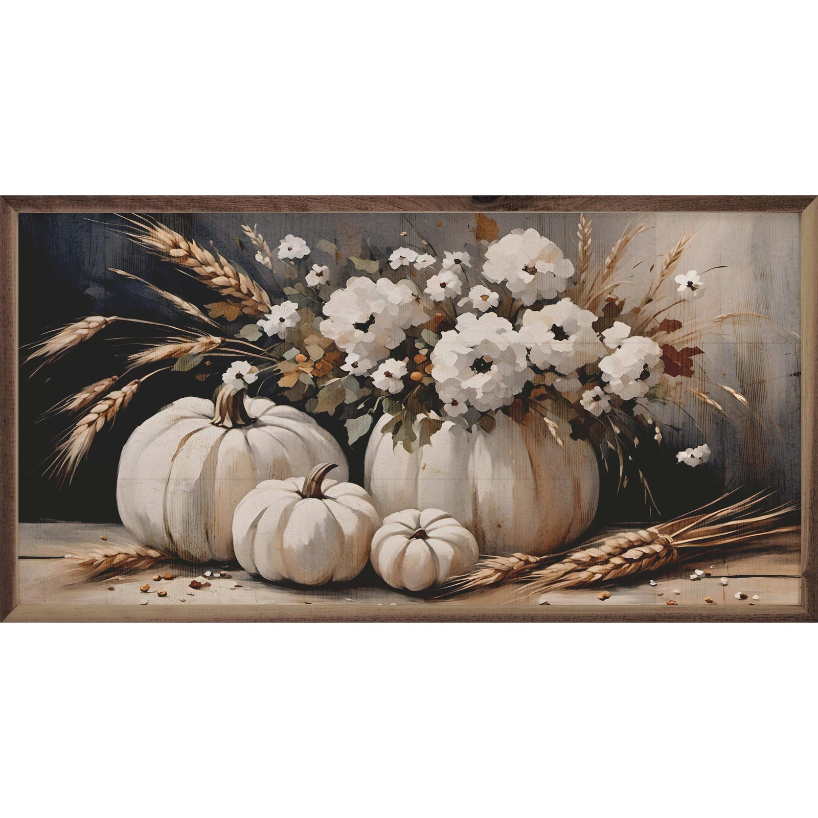 Kendrick Home Walnut Frames 16x8 Four White Pumpkin Bouquet Printed and Framed Wall Sign
