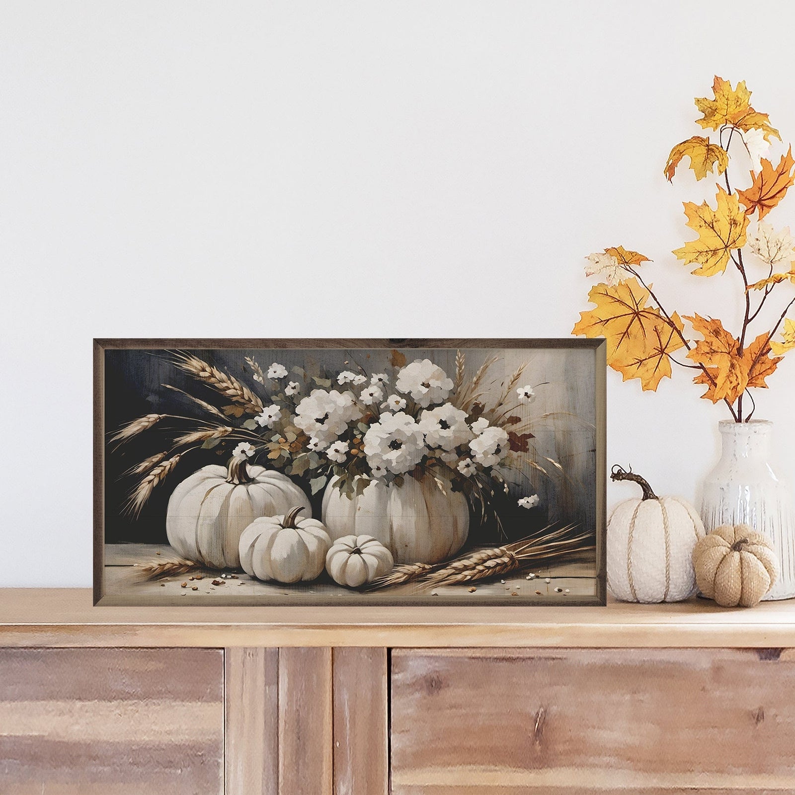 Kendrick Home Walnut Frames 16x8 Four White Pumpkin Bouquet Printed and Framed Wall Sign