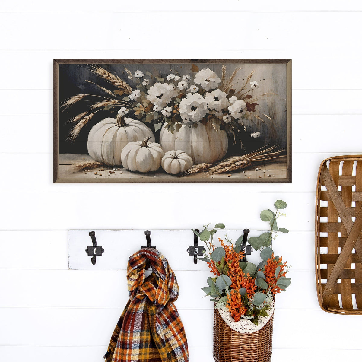 Kendrick Home Walnut Frames Four White Pumpkin Bouquet Printed and Framed Wall Sign