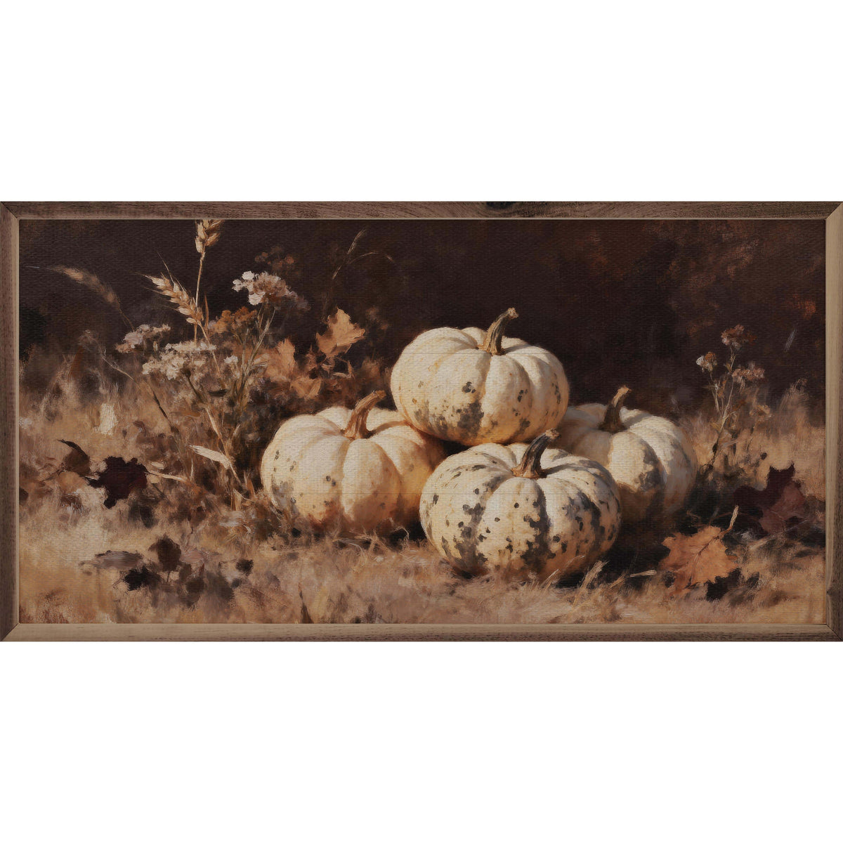 Kendrick Home Walnut Frames 16x8 Four White Pumpkins One Speckled Printed and Framed Wall Sign