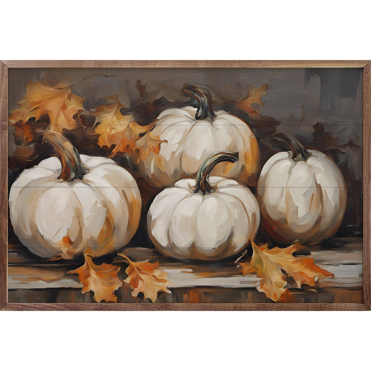 Kendrick Home Walnut Frames Four White Pumpkins With Leaves Black Printed and Framed Wall Sign