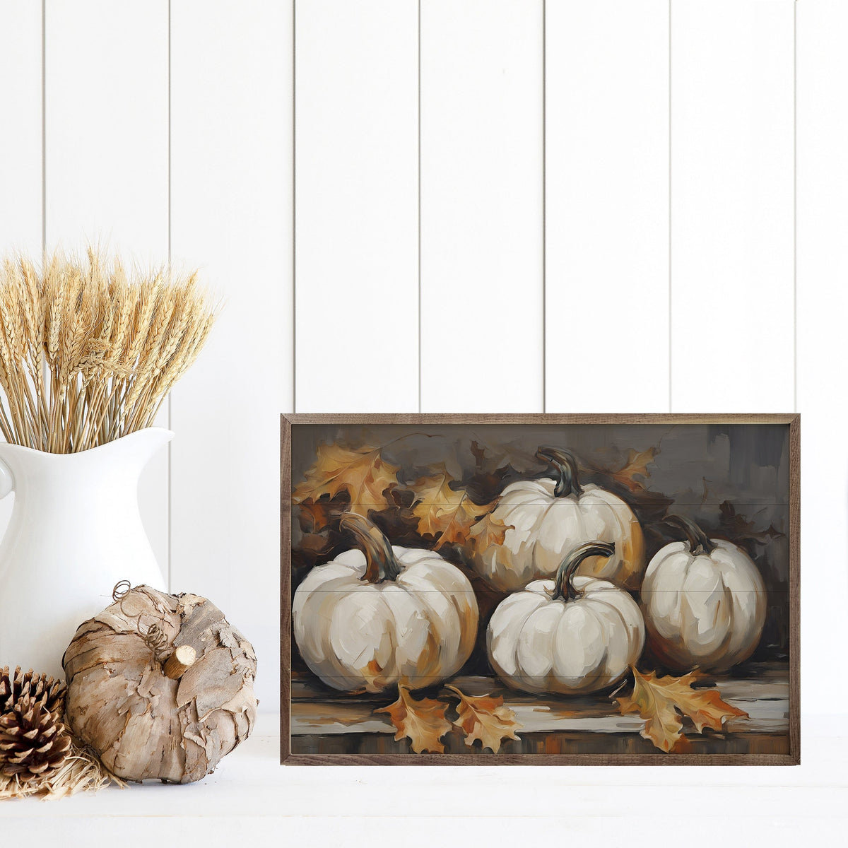 Kendrick Home Walnut Frames Four White Pumpkins With Leaves Black Printed and Framed Wall Sign