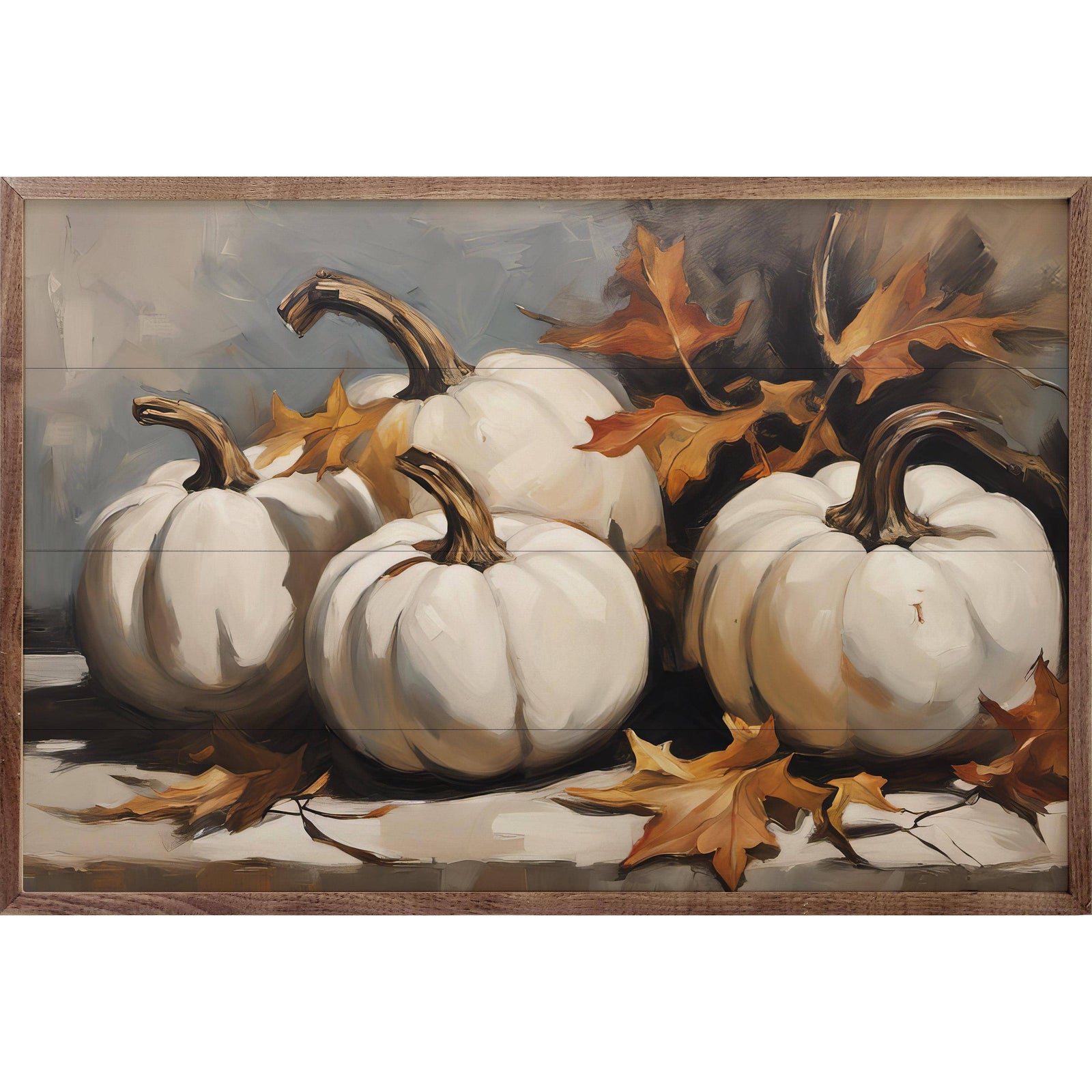 Kendrick Home Walnut Frames Four White Pumpkins With Leaves Printed and Framed Wall Sign