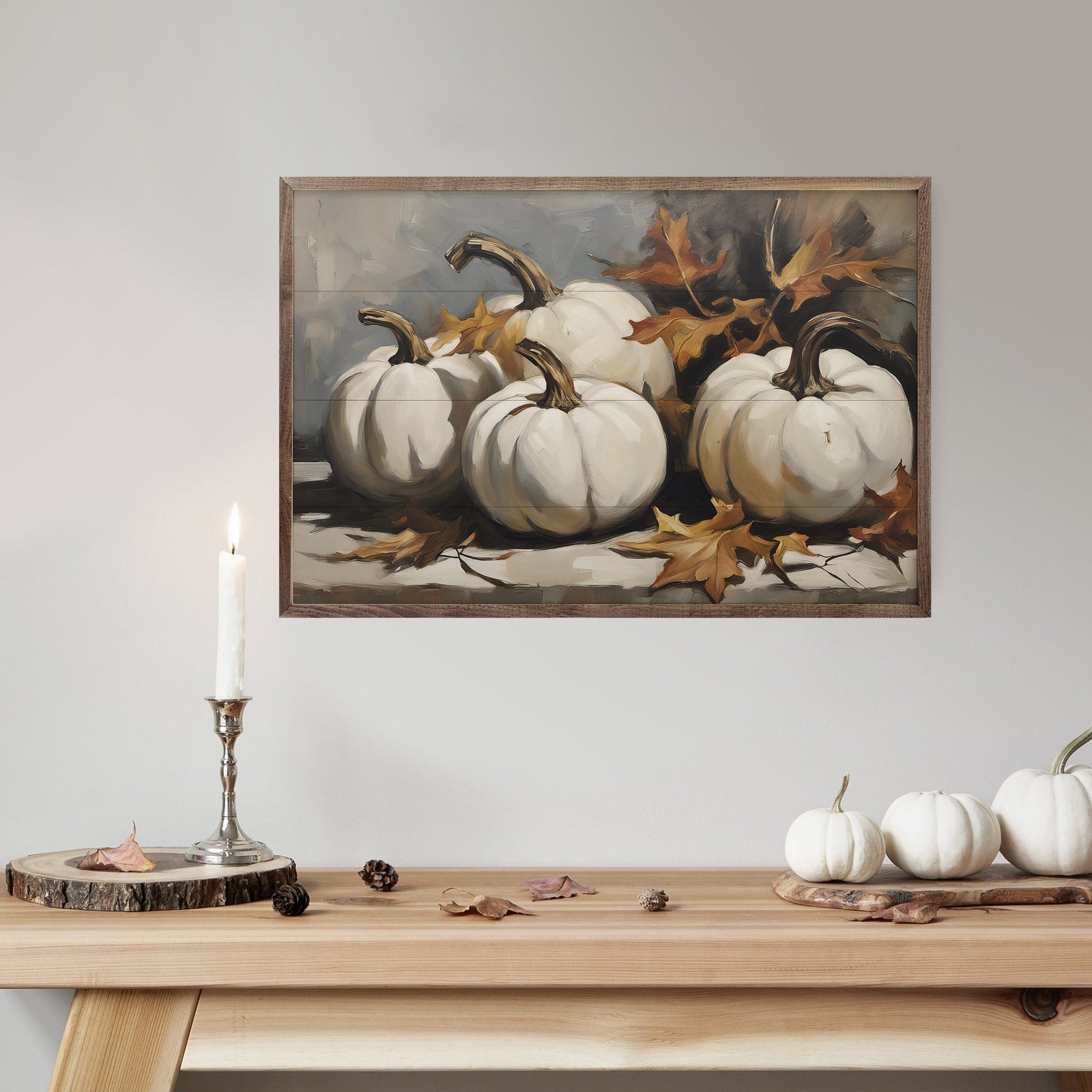 Kendrick Home Walnut Frames Four White Pumpkins With Leaves Printed and Framed Wall Sign