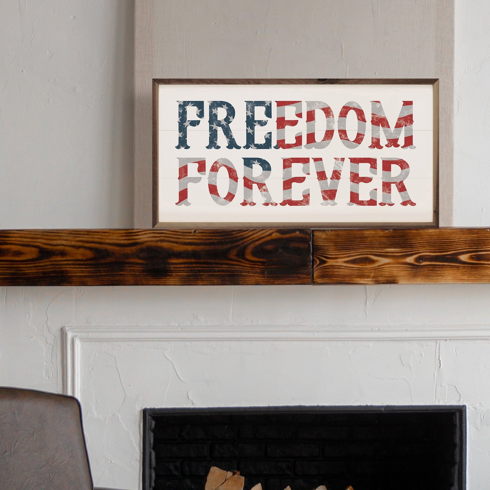 Kendrick Home Walnut Frames Sizes Freedom Forever Flag White Printed and Framed Wall Sign