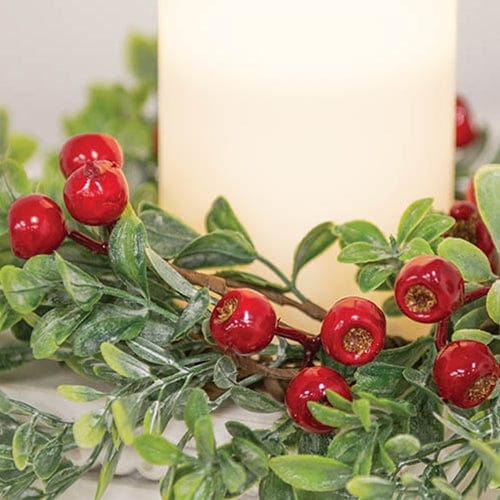 Frosted Boxwood &amp; Gooseberry Candle Ring / Wreath 3.5&quot; Inner Diameter