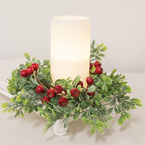 Frosted Boxwood &amp; Gooseberry Candle Ring / Wreath 3.5&quot; Inner Diameter