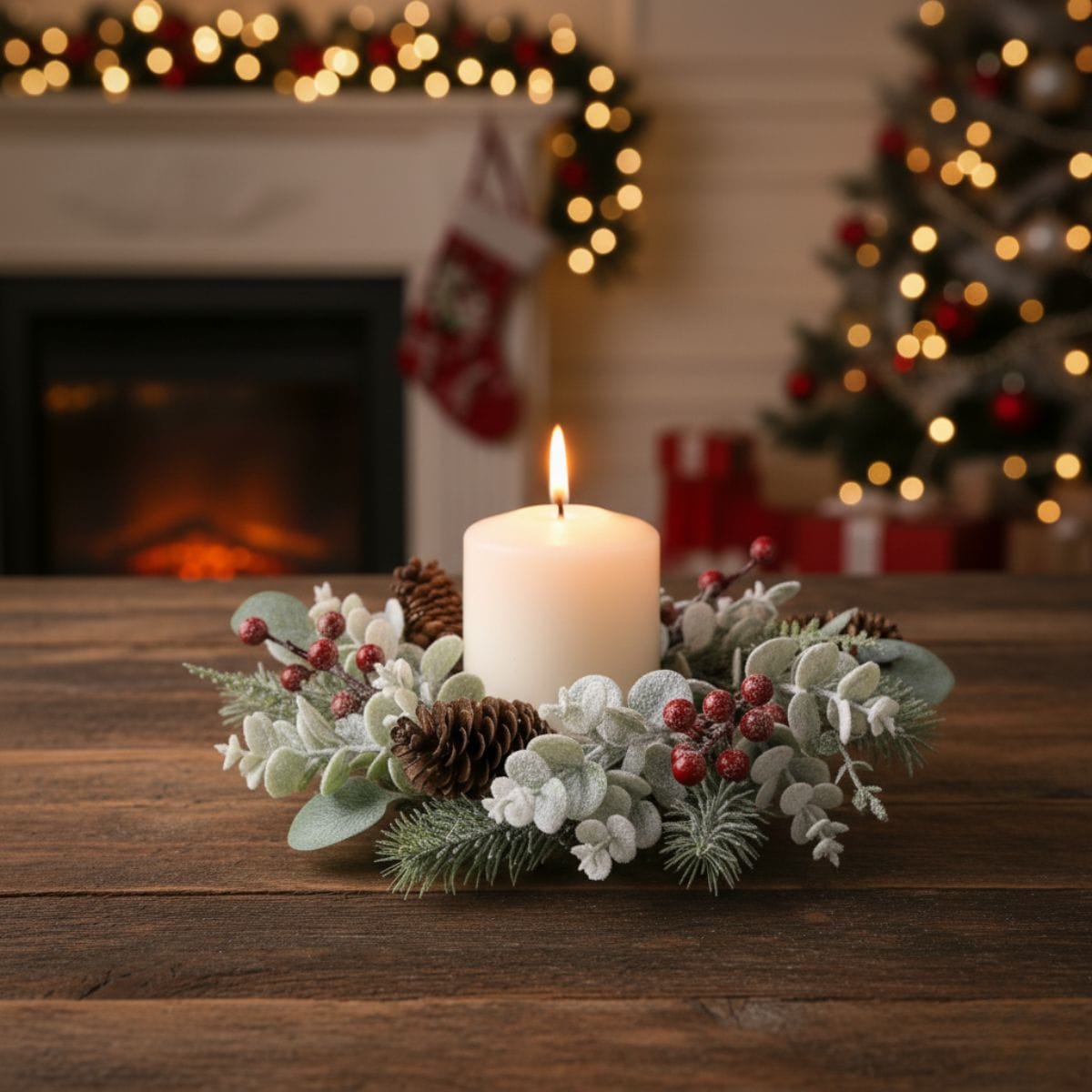 Frosted Eucalyptus and Berry Candle Ring / Wreath 4" Inner Diameter