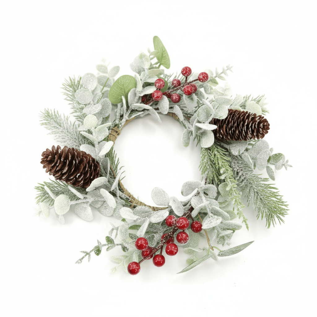 Frosted Eucalyptus and Berry Candle Ring / Wreath 4" Inner Diameter