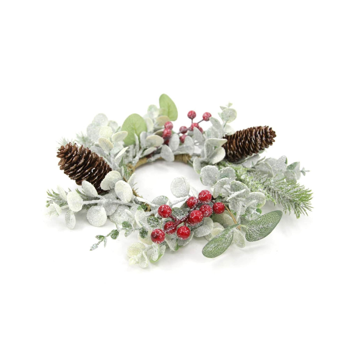Frosted Eucalyptus and Berry Candle Ring / Wreath 4" Inner Diameter