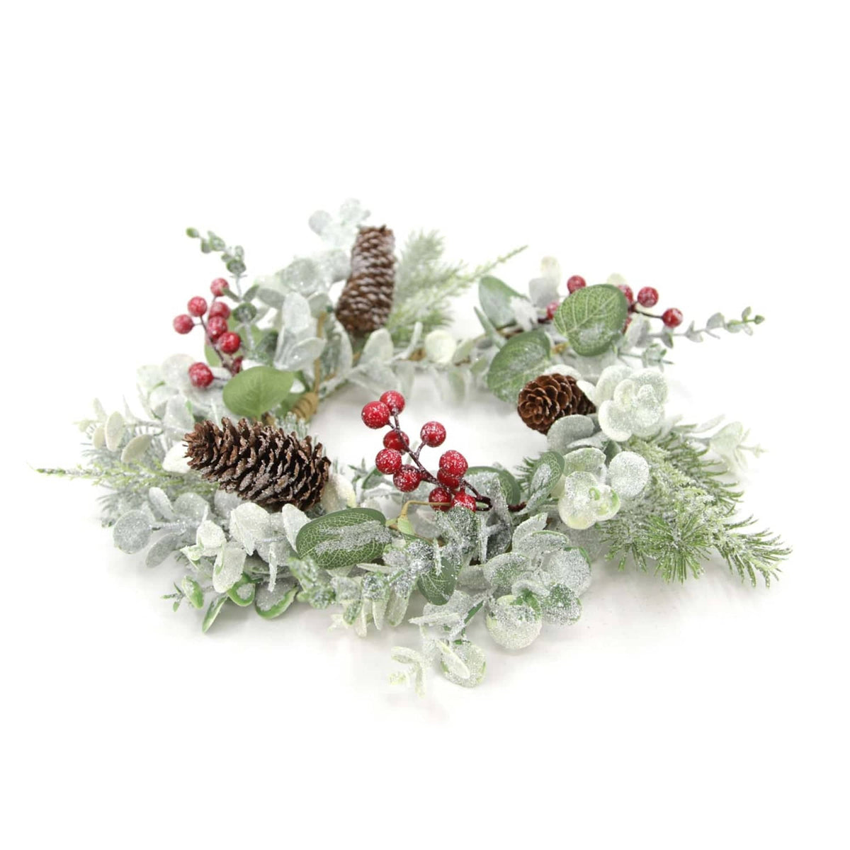 Frosted Eucalyptus and Berry Large Candle Ring / Wreath 6.5" Inner Diameter