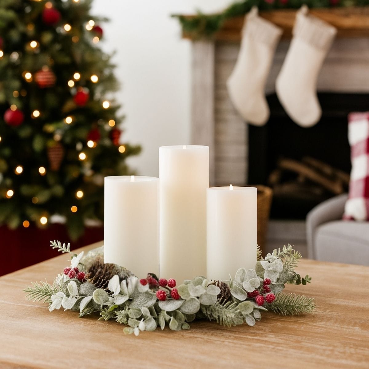 Frosted Eucalyptus and Berry Large Candle Ring / Wreath 6.5" Inner Diameter