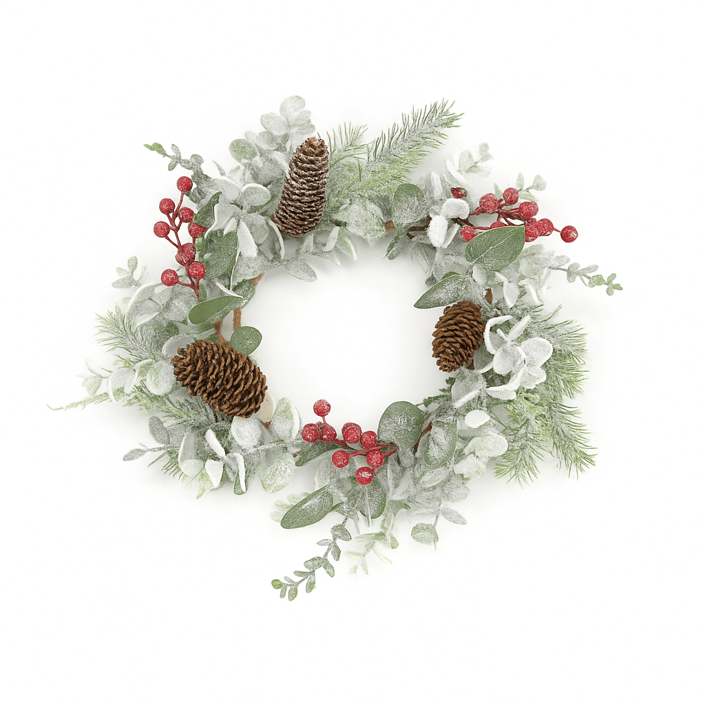 Frosted Eucalyptus and Berry Large Candle Ring / Wreath 6.5" Inner Diameter