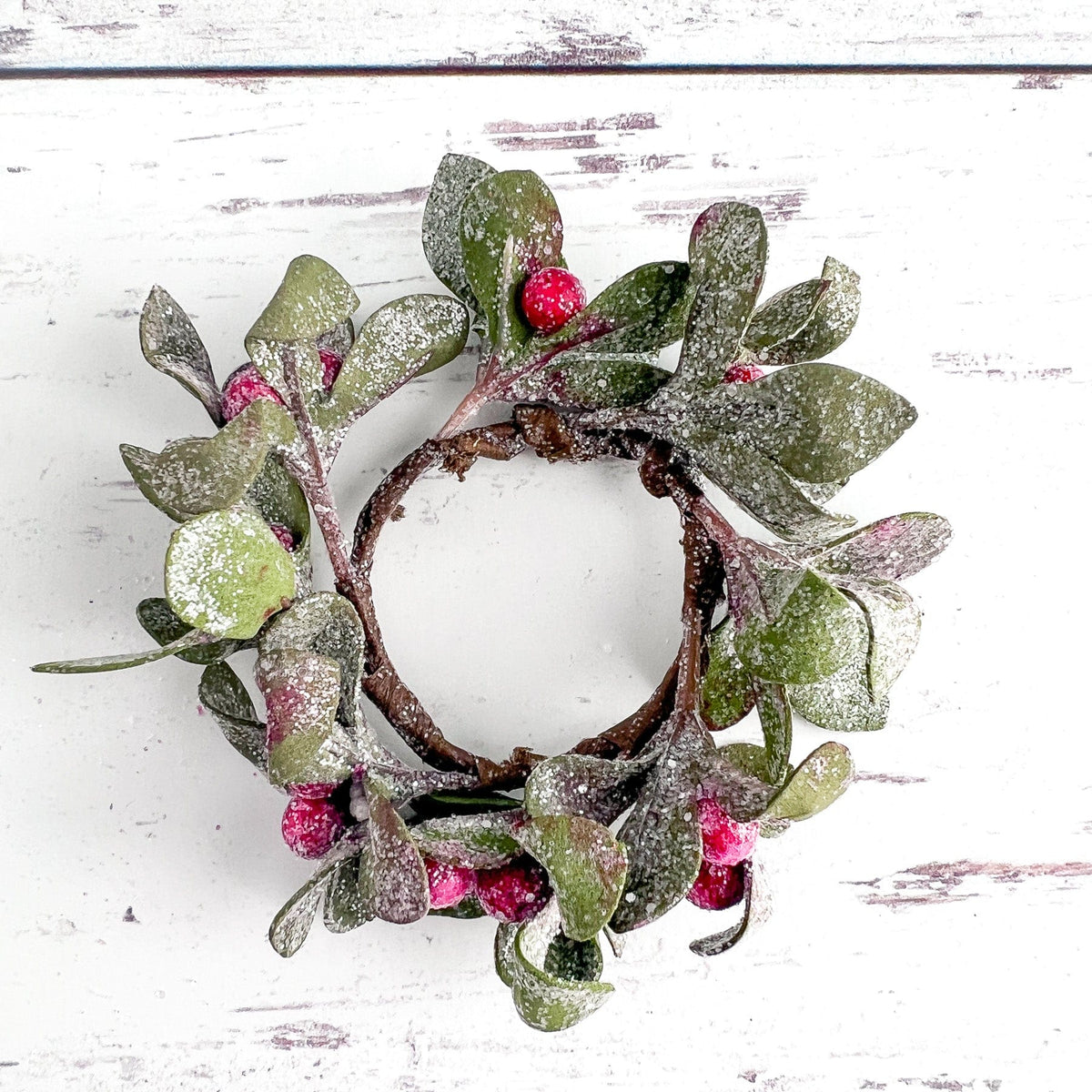 Frosted Green Leaf &amp; Red Berry Mini Taper Candle Ring 1.5&quot; Inner Diameter