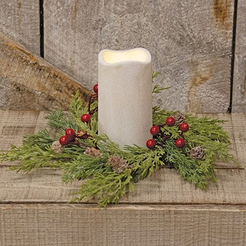 Frosted Soft Pine &amp; Berry Candle Ring / Wreath 3.5&quot; Inner Diameter