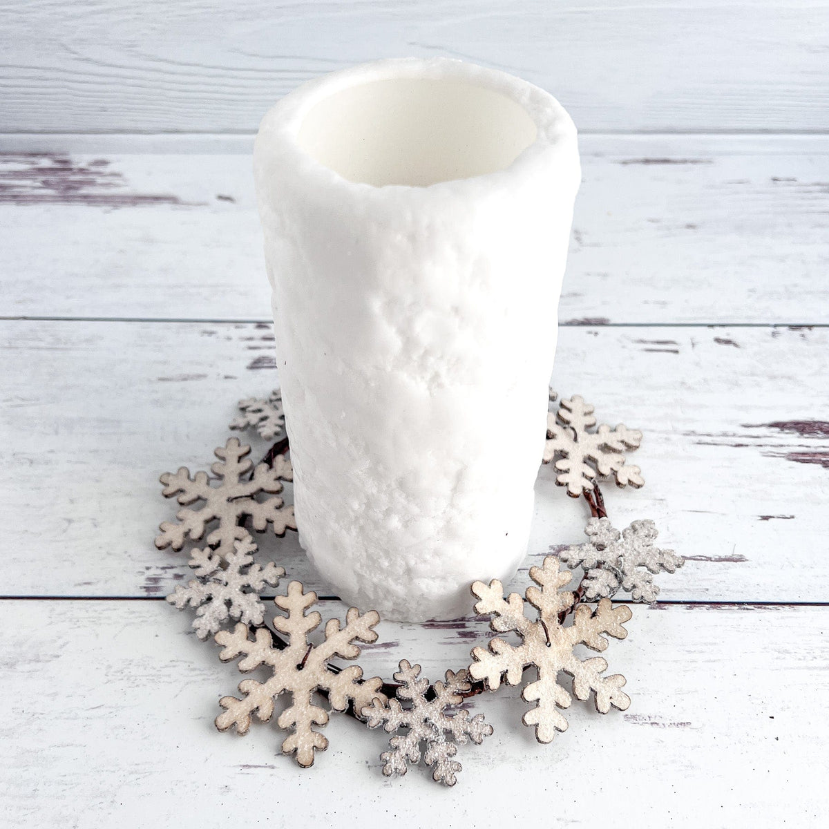 Frosty Wooden Snowflake Candle Ring / Wreath 4.5&quot; Inner Diameter