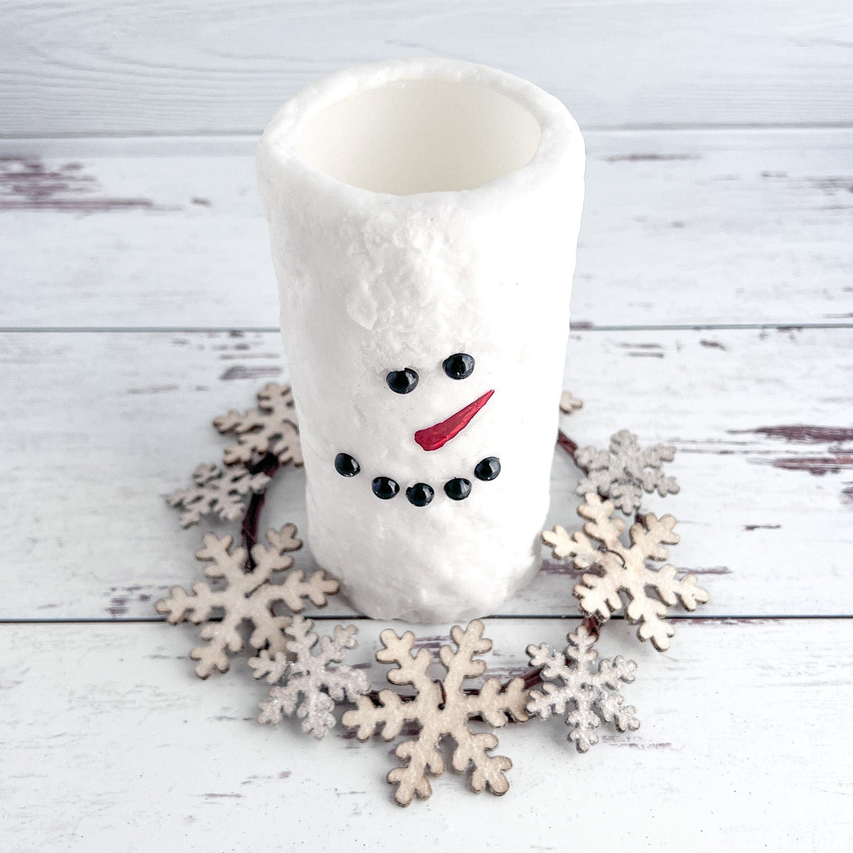 Frosty Wooden Snowflake Candle Ring / Wreath 4.5&quot; Inner Diameter