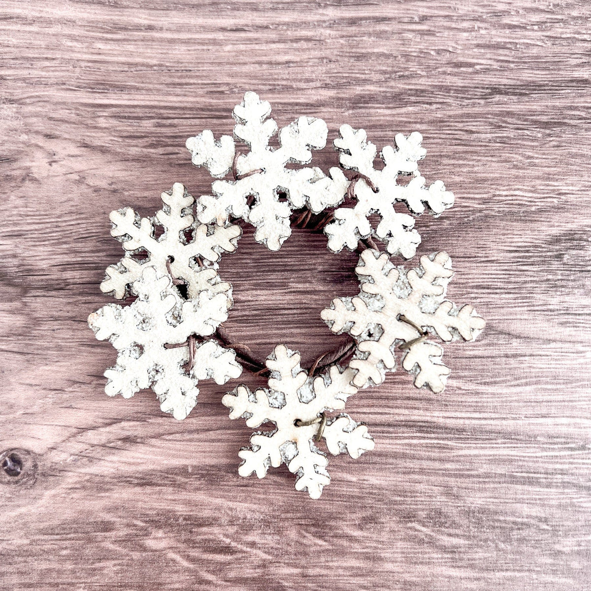 Frosty Wooden Snowflake Mini Taper Candle Ring 1.5&quot; Inner Diameter